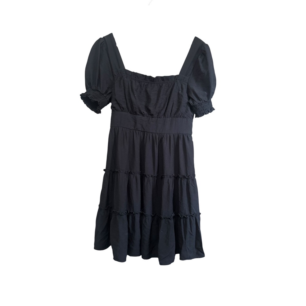 Mine Tiered Mini Dress Large Black game day‎ Puff Sleeve Smocked Square Neck